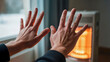 © Arra Vais - Human Hands Warming Near Heater Indoors, Concept of Cold Weather Heating Costs, Energy Saving, and Winter Comfort for Blogs, Websites, and Awareness Campaigns