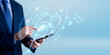 © Theyone - Business presenter using the tablet and analyzing introduction presentation data. corporate onboarding strategy, professional communication framework, information overview analytics, business briefing