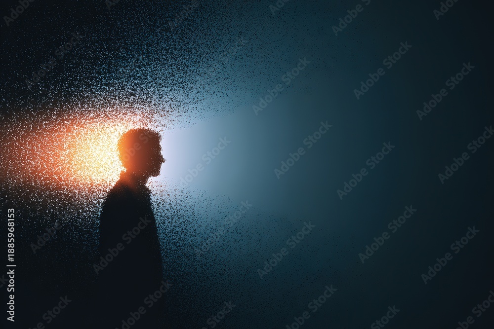 Sad silhouette of a human dissolving into blue and golden particles on ...