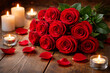 © ANZHELIKA - A gorgeous bouquet of red roses on a tree. Candles, rose petals, and a festive mood. Template. Banner, greeting card.