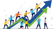 © arif - Business teamwork metaphorically climbing a steep upward trending arrow symbolizing company growth and success on white background