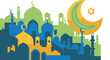 © Suhadi - Islamic cityscape with crescent moon and star illustration.