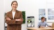 © New Africa - Portrait of smiling recruiter with crossed arms in suit and candidate in office, selective focus. Space for text