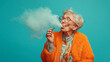 © sam - Studio portrait of a happy senior woman smoking a cannabis joint, green background