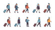© MA studio - Walking Winter Travelers Side View Set with Suitcases and Warm Clothing Vector Illustration
