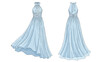 © aisyah - Elegant light blue halter neck flowing gown illustration showcasing intricate design details from front and back view