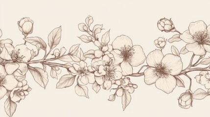  Vector illustration of an elegant floral border seamless pattern with beautifully drawn blooming branches and leaves. The line art strokes highlight a graceful combination of flowers and foliage,
