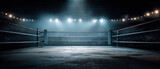 Boxing Ring in the Arena: An empty boxing ring, bathed in a dramatic light, sets the stage for a fierce competition, under the bright stadium lights and ready for a knockout.