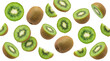 © Ly - a generous scatter of fresh kiwi fruit, comprising whole coconuts, halved sections, and precise slices against a black void.
