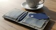 © MBAK NAH - Open leather wallet with credit card and coffee cup on wooden table.