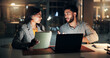 © SparkPix/peopleimages.com - Tech, advice and business people in office at night with creative project in collaboration. Feedback, laptop and manager with magazine editors for discussion, publishing deadline or article on tablet