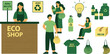 © MDShakhawat - Eco friendly zero waste shop collection with people shopping using reusable bags and sustainable packaging isolated on grey background