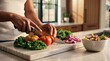 © 현욱 김 - A person is slicing fresh red tomatoes and purple onions on a marble cutting board in a modern, sunlit kitchen, preparing a healthy meal.