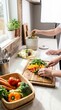 © 현욱 김 - Couple cooking together in a bright, modern kitchen, chopping fresh vegetables for a healthy meal.