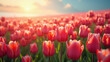 © Mystery - Vibrant red tulips blooming in endless field at sunset, spring flowers stretching to horizon with soft bokeh, concept of spring season, flower farming, gardening
