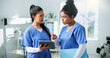 © MagicDavid25/peopleimages.com - Nurses, women and planning with tablet in clinic for training, research and teamwork or management. Healthcare professionals, people and mentor with digital tech for internship, schedule or meeting