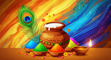 A collage of various symbols and images related to Holi, such as a bonfire, a lotus flower, a peacock feather, and a pot of milk