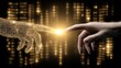 © Chayada - Human hand touching digital binary code virtual hand. AI creation, artificial intelligence origin, and future technology connection concept