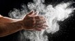 © Bounpaseuth - Chalk Clap: Freeze-frame of hands clapping with gym chalk, white dust cloud exploding against a black background, rim lighting.
