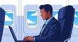 © DOLARRIZ JHON - Focused businessman working on laptop during an airplane flight, a vibrant vector illustration capturing modern productivity and travel connectivity