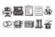 © Bogdan - Black and white illustration of magician's show preparation, rehearsal checklist, trunk with props, schedules and magic items for entertainment.