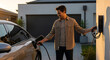 © elkhan - A man smiling while plugging an electric vehicle into a home charging station in a residential driveway.