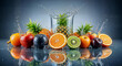 © Saeed Food Studio - Fresh Tropical Fruit Assortment with Water Splash and Reflection, Orange Kiwi Pineapple Apple and Plum Healthy Mixed Fruits Background, Vitamin Rich Vegan Superfood Concept for Smoothies