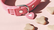 © Oksana - Pink pet collar with heart-shaped charm placed on a pastel pink surface alongside heart-shaped dog treats for a playful pet accessory display