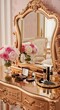 © Tiyur - Ornate golden dressing table displays luxurious cosmetics and fresh floral arrangements