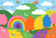 © Running opossum - vibrant rainbow landscape with colorful trees and hills under a cheerful sky with clouds and confetti