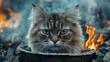 © Naruephu - Focus close-up on a fluffy cat’s serious eyes while sitting behind a cracked ashtray in a symbolic protest scene realistic textures