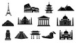 © saputra sida - Black silhouette icons of famous travel destinations and buildings from around the world, including the 7 wonders, arranged on a white background in a vector illustration.