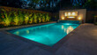 © SI Creative Studio - A serene outdoor setting during the evening. A rectangular swimming pool with a vibrant turquoise hue is the central focus, surrounded by smooth, light-colored tiles