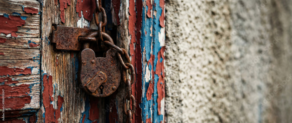Close-up of an old rusty padlock and chain securing a weathered wooden door with peeling red and blue paint, symbolizing abandonment, security, and urban decay.