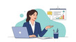 © PixelBiber - Professional businesswoman sitting at her desk with a laptop and gesturing toward a presentation board with a growth chart.