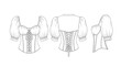 © Ferdous_Studio - Detailed sketch of a vintage style corset and blouse with puffed sleeves front and back view