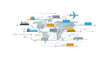 © Jangkrik - A stylized illustration of global logistics and transportation networks with a blue airplane, cargo ship, and various machines and buildings, showcasing international business and industry