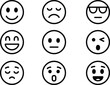 © W. Fernandez - Emoji face icon set illustration, minimalist smiley expressions, emotion symbols collection, user interface reactions, simple black outline design