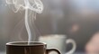 © MatStudio - Steaming hot coffee in a brown mug with copy space