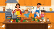 © fatkul - Warm family cooking illustration in a modern kitchen featuring a whisk and wooden island