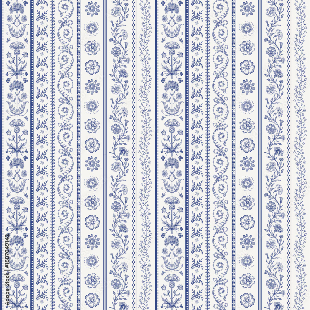 The Meadow. Floral vertical stripes. Vintage seamless pattern. Blue and ...
