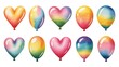 © PAVEL - Joyful collection of watercolor balloons in diverse heart and oval shapes with gradient colors, ideal for festive celebrations, happy birthday events, and playful seasonal greetings.