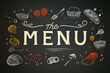 © sam richter - A blackboard menu features white chalk text and colorful food illustrations.