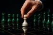 © shan76 - “Black and white photorealistic photography of a human hand delicately moving a white chess pawn on a glossy chessboard. Foreground and background chess pieces softly blurred, creating strong depth.