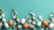 © Harry - Colorful Easter eggs and blossoming flowers on a pastel blue background, symbolizing spring and renewal.