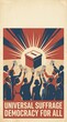© Argiduna - Ilustración de cartel sobre sufragio universal con manos diversas alzando papeletas de voto en estilo retro y textura vintage. Concepto de democracia, igualdad y derechos humanos con espacio de copia.