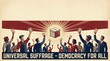 © Argiduna - Ilustración de cartel sobre sufragio universal con manos diversas alzando papeletas de voto en estilo retro y textura vintage. Concepto de democracia, igualdad y derechos humanos con espacio de copia.