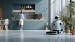 © OlegKovalevich - Woman cooking in kitchen while robot vacuum cleaner tidies floor. Automated home assistant for modern smart house chores and daily life.