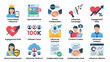 © Joy - Comprehensive set of 15 flat vector icons for influencer marketing and social media strategy including brand ambassador, sponsored post, collaboration deal, engagement rate, and content creator.