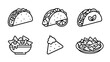 © MostJannatunNesa - Minimalist Line Art Icon Set of Mexican Food Featuring Various Tacos and Nachos with Toppings, Fish Taco, Vegetarian Taco, Nacho Bowl, and Single Chip, Clean Vector Illustration for Menu Design.